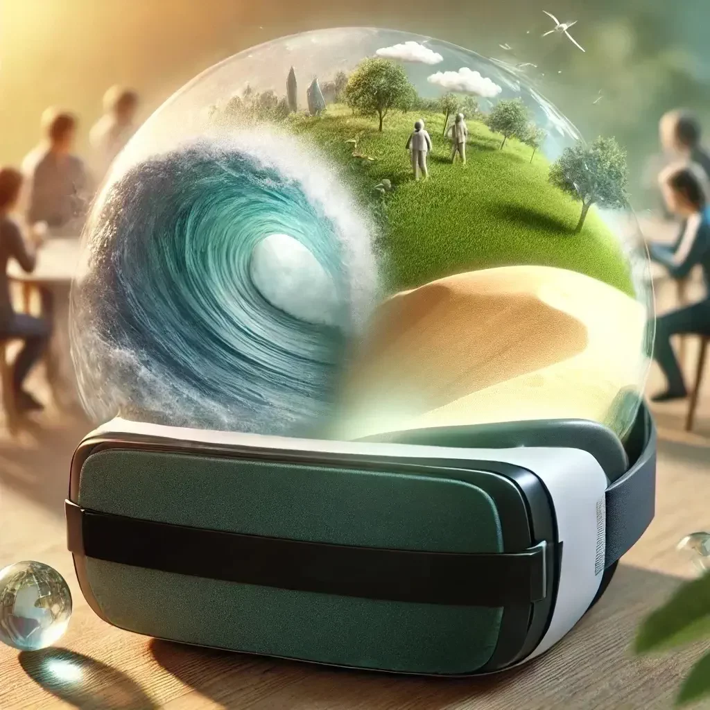 Auf dem Bild sieht man ein VR-Headset aus dem eine Kugel entspringt. In der Kugel sieht man das Meer, die Wüste und eine grüne Wiese mit zwei Personen. Im Hintergrund des VR-Headsetz sieht man mehrere Personen schemenhaft um einen Tisch sitzen.